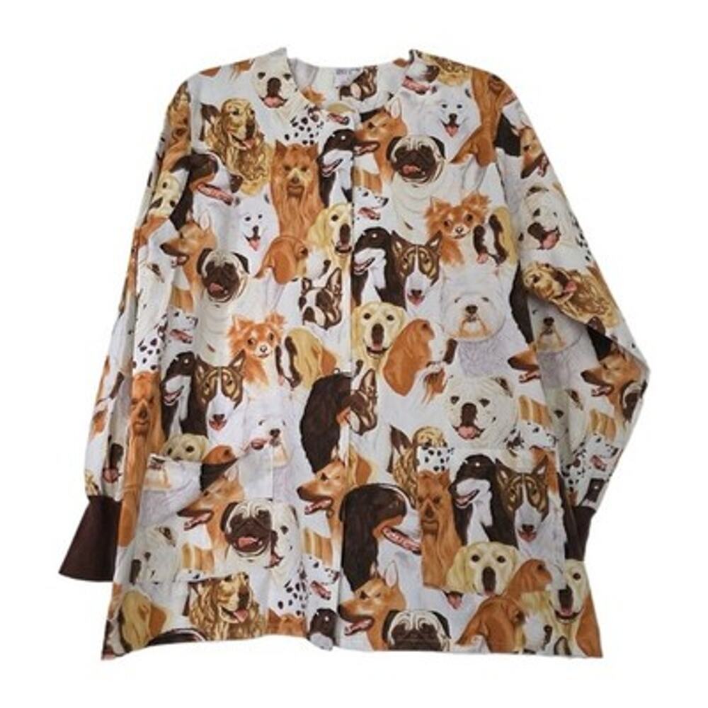 Vtg Scrub Jacket Womens L Puppy Dog Print Vet Nurse Cotton Pockets Snap Up